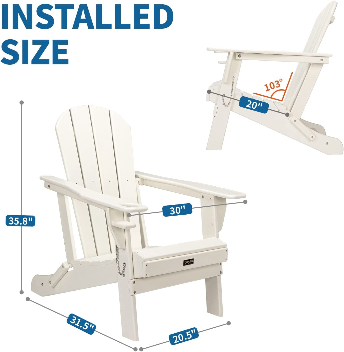 VINGLI Plastic Folding Adirondack Chair with Cup Holder, 100% Recyclable Waterproof HDPE Material, Comfortable 380lb Weight Capacity for Outdoor Pool Patio Lounge Chair Lawn Furniture Firepit (White)