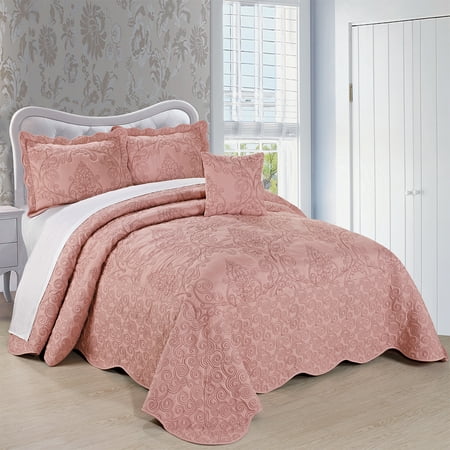 Home Soft Things 4 Piece Damask Embroidery Bedspread Set - Dusty Pink - Oversize King (120" x 120")
