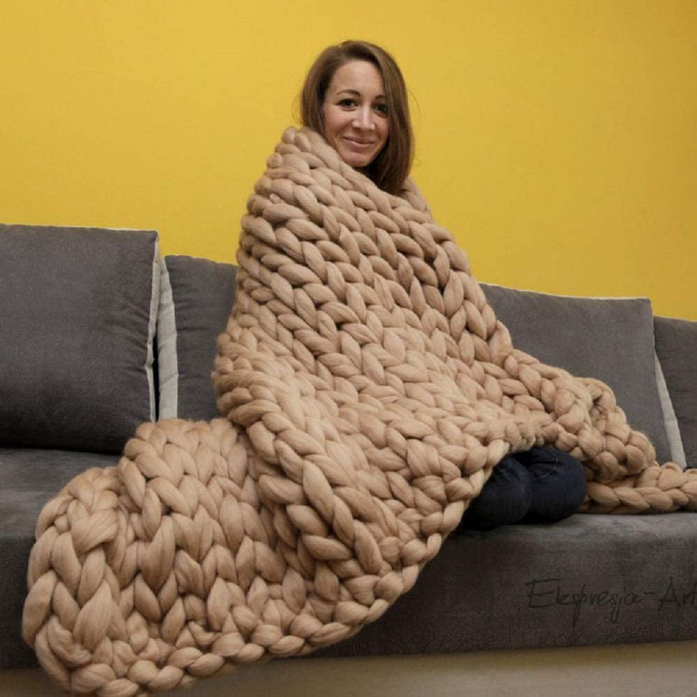 WOSTAR Chunky merino wool blanket thick large yarn roving knitted blanket  winter warm plaid throw blankets sofa bed blanket