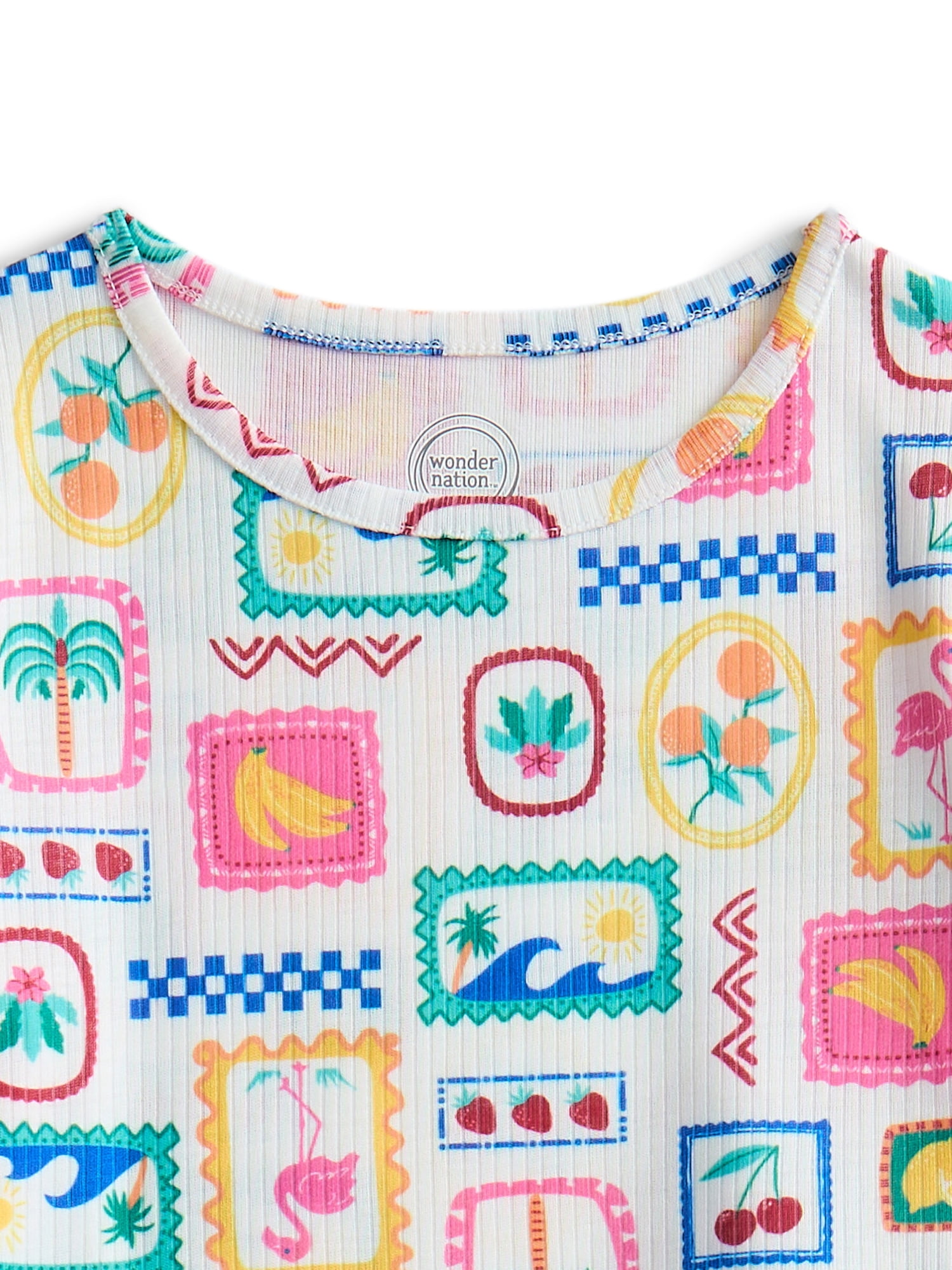 Wonder Nation Toddler Girl's Ribbed Print Tee and Shorts, 2-Piece Pajama Set, Sizes 12M-5T