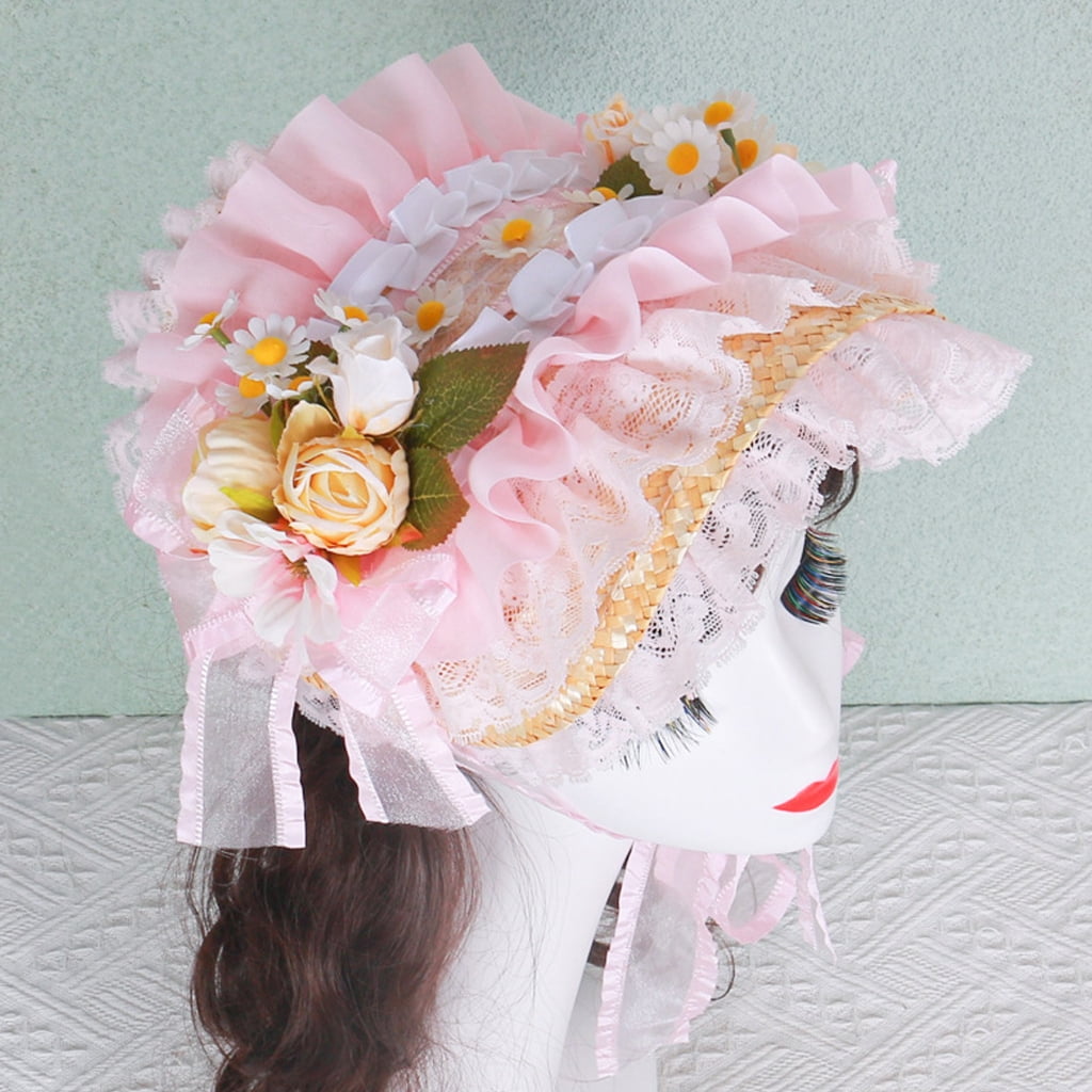 T-HOTLYST Victorian Lace Designs Straw Bonnet Hat For Women With Ruffled Trim and Rose Flower For Cocktail Party And Cosplay Event