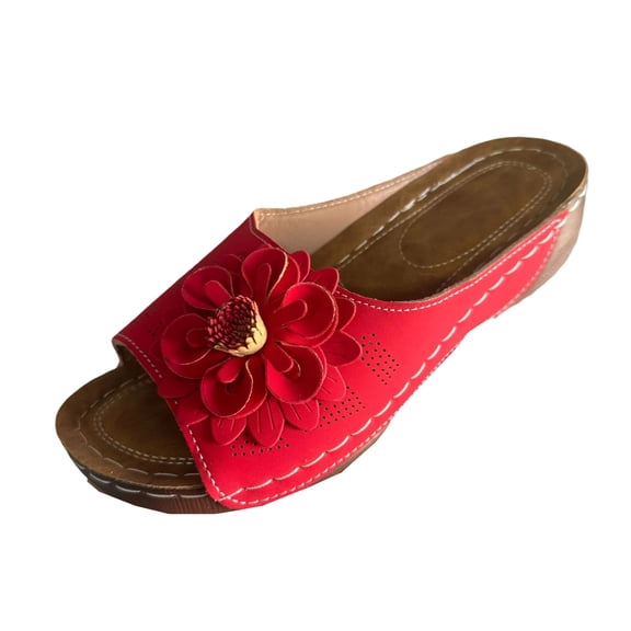 Womens Wedge Sandals 2026 Flower Summer Dressy Flat Open Toe Platform Shoes Casual Boho Slip on Beach Walking Sandals (Red,42)