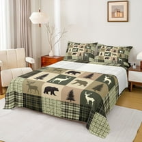 Feelyou Vintage Lodge Cabin Bed Sheets, Jungle Bear Deer Animal King Sheets, Western Countryside Sheet Set, Green Breathable Home Decor, 4 Pieces