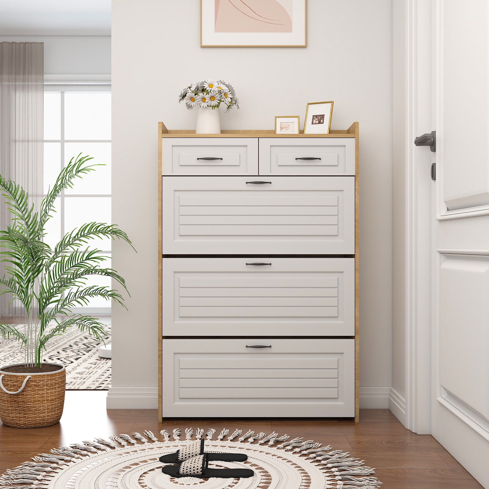 PORKISS Shoe Cabinet, Wooden Entryway Cabinet with Doors and Drawers, 49.2'' Shoe Storage with Large Space, Freestanding Shoe Rack for Home, White/Oak