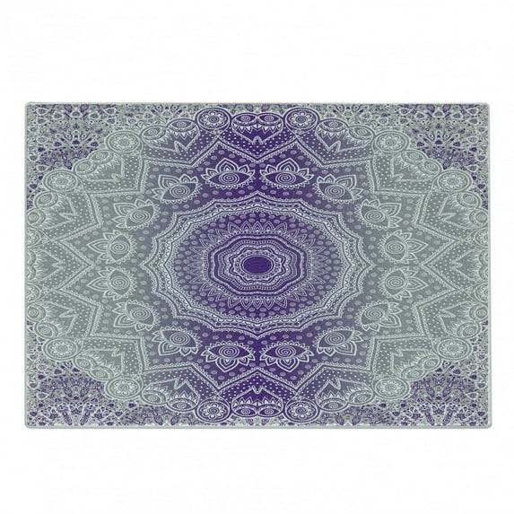 Grey and Purple Cutting Board, Ombre Mandala Abstract Art Cosmos Theme Sign Design Print, Decorative Tempered Glass Cutting and Serving Board, Small Size, Violet, by Ambesonne