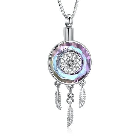 Dream Catcher Pendant Necklace Simulated Birthstone Dreamcatcher Cremation Jewelry Gifts Feather Wing Keepsake Memories Ashes Hollow Pendant for Human Pet