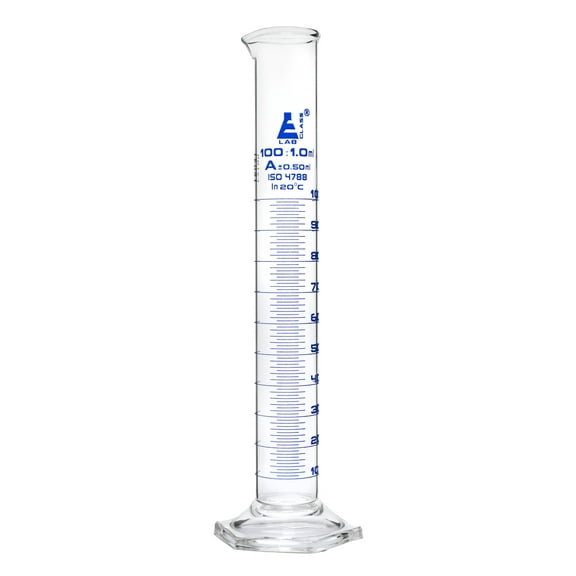 Graduated Cylinder, 100ml - Class A Tolerance ?0.50ml - Hexagonal Base - Blue Graduations - Borosilicate 3.3 Glass - Eisco Labs