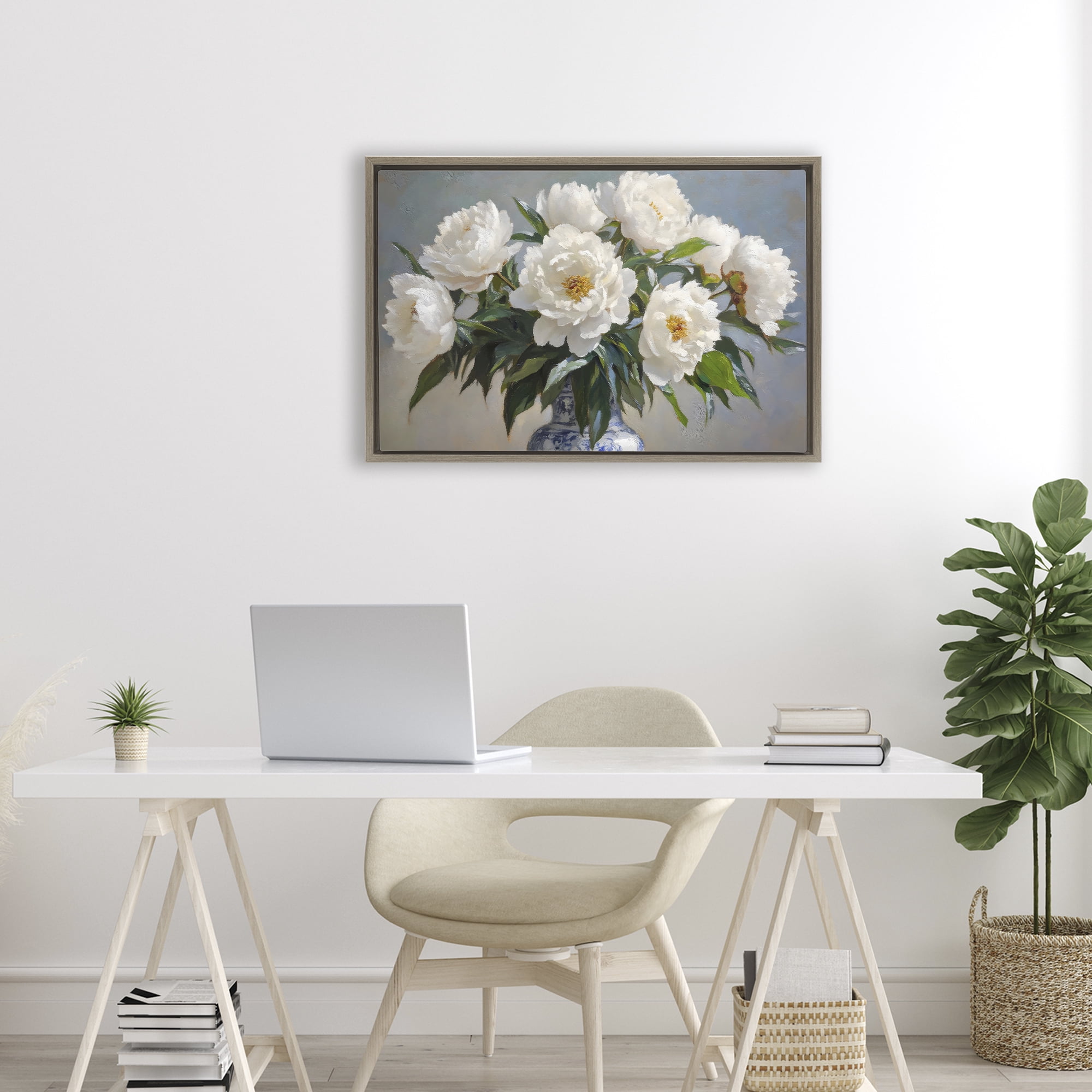 Stupell Industries In Full Bloom White Peonies Brown Framed Floater Canvas Wall Art, design by Petal Prints Design