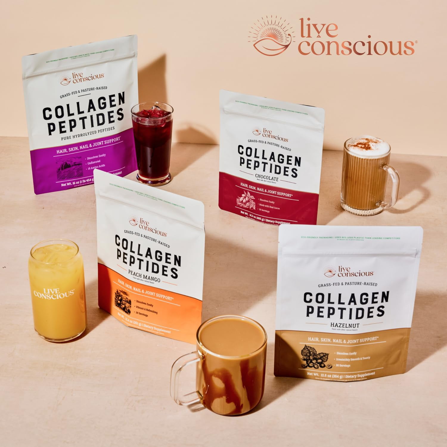 Live Conscious Hazelnut Collagen Peptides Powder, Grass-Fed Types I & III, Skin, Hair, Nails & Joint Support, for Women and Men, 30 Servings