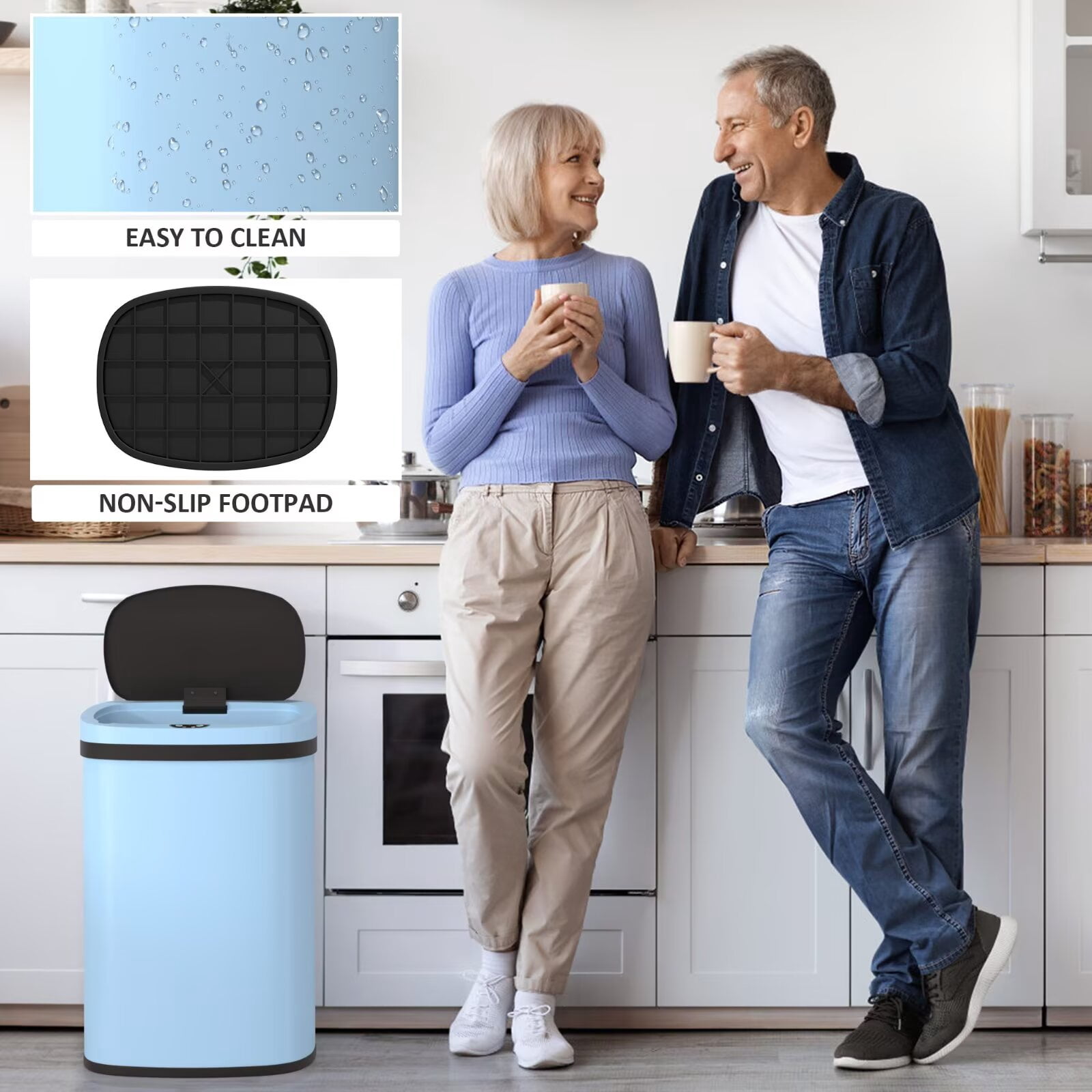 YRLLENSDAN 13 Gallon Touchless Stainless Steel Trash Can, Automatic Garbage Cans with Lid, Motion Sensor Wateproof Trash Bin for Kitchen Bedroom Bathroom Office, Blue