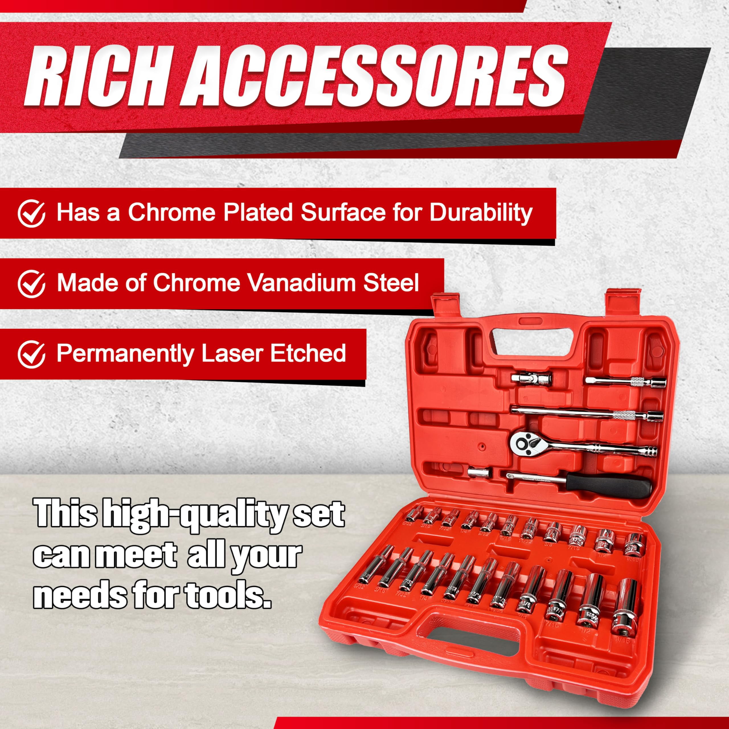 28pcs 1/4" Drive Impact Socket Set Master Sae  Deep&shallow With Universal Joint Extension Bar Ratchet Wrench Hex Bit Holder Spinner Handle 6 Point Cr-v Steel Mirror Chrome