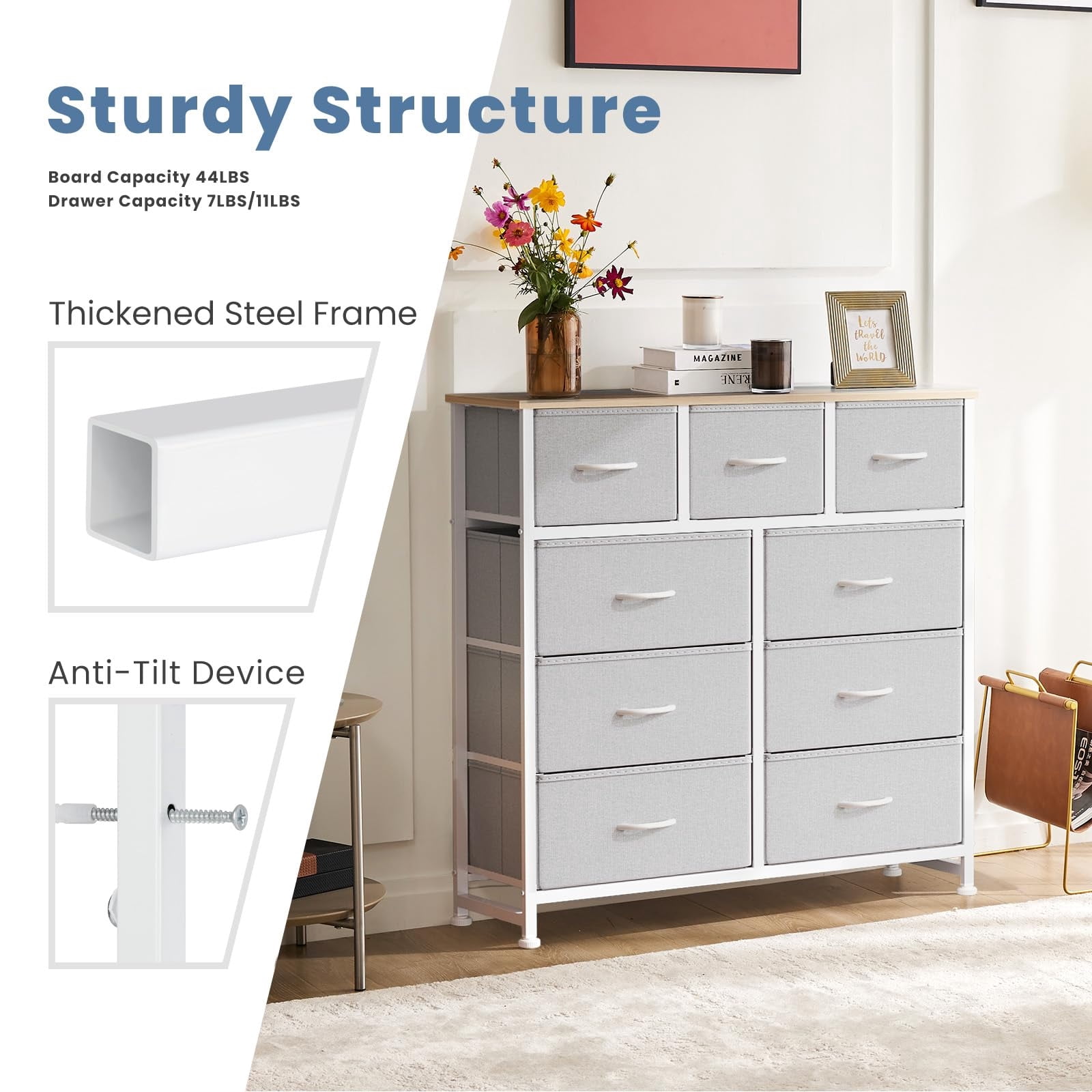 Telyra 9-Drawer Fabric Dresser Tall Storage Tower with Wood Top and Steel Frame Bedroom Closet Organizer, Light Gray