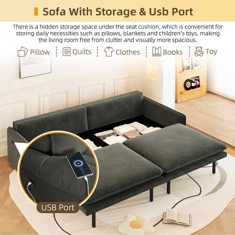 MAYEERTY 81.1" 4‑Seat Convertible Sleeper Sofa Bed, Cloud‑Like Chenille Couch with Storage, USB Port and 2‑in‑1 Pillows