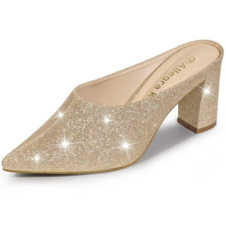 

Unique Bargains Women s Pointed Toe Slip on Chunky Heels Glitter Slide Mules
