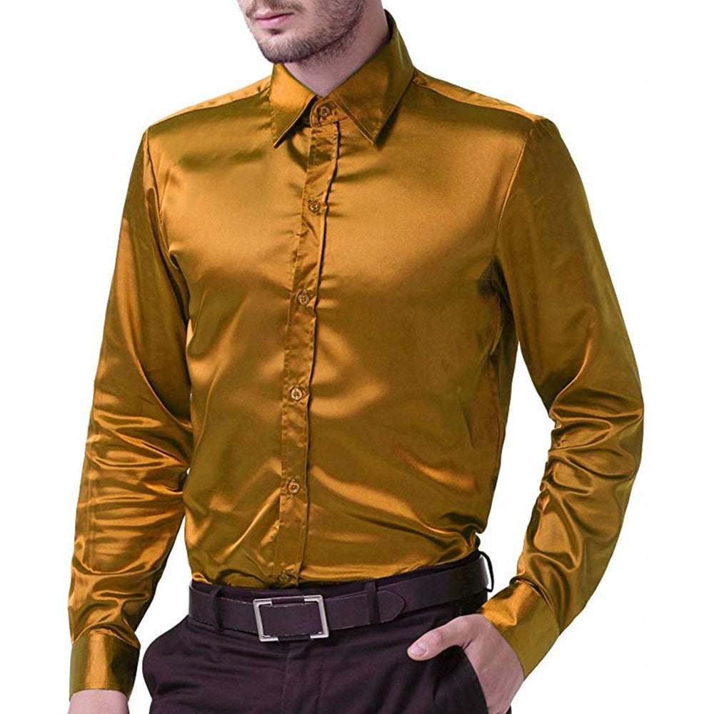 Men Formal Satin Shirts Shiny Silk 