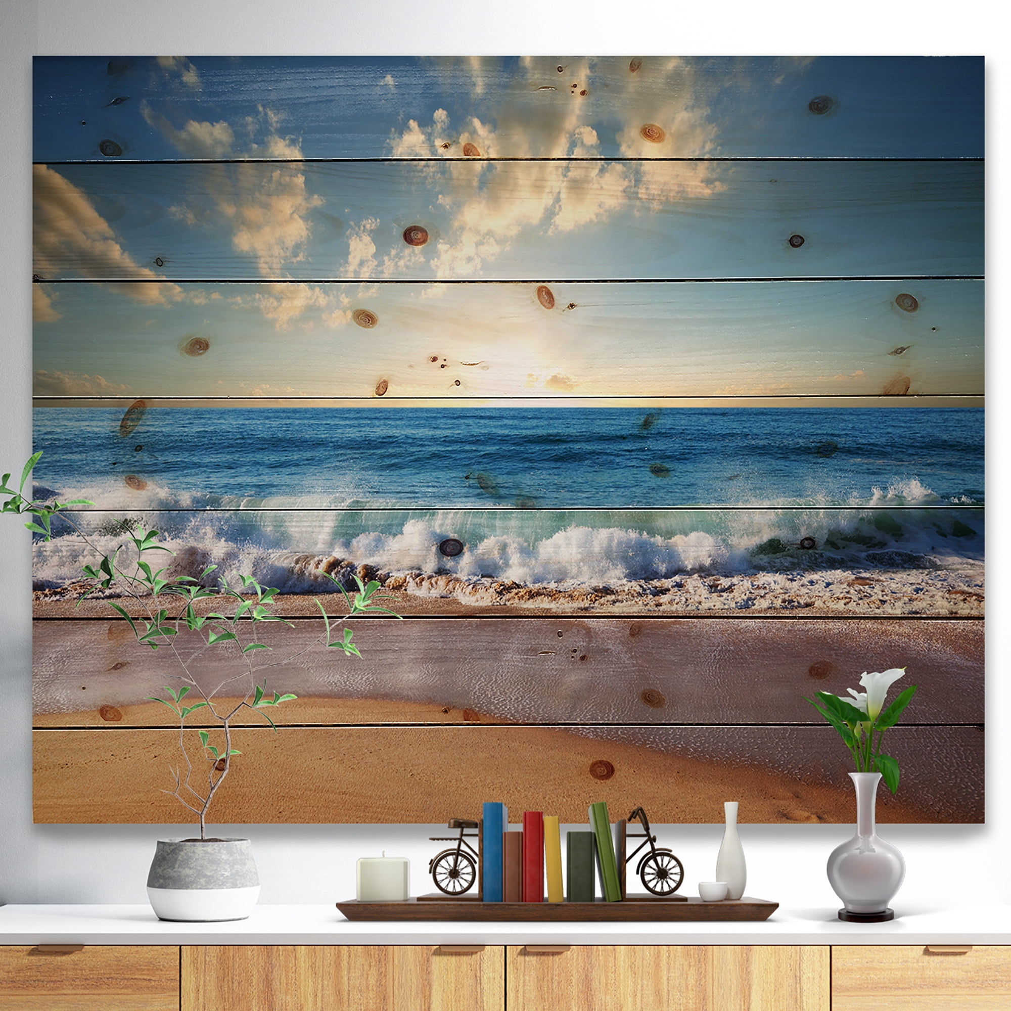 Designart Sea Sunset Sea & Shore Print on Natural Pine Wood Photography, 40" x 30"