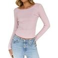 thumbnail image 2 of Women'S Summer Fall Long Sleeve Boat Neck Stripe Shirts Casual Slim Fit Backless Rib Knit Tops Pink XL, 2 of 9