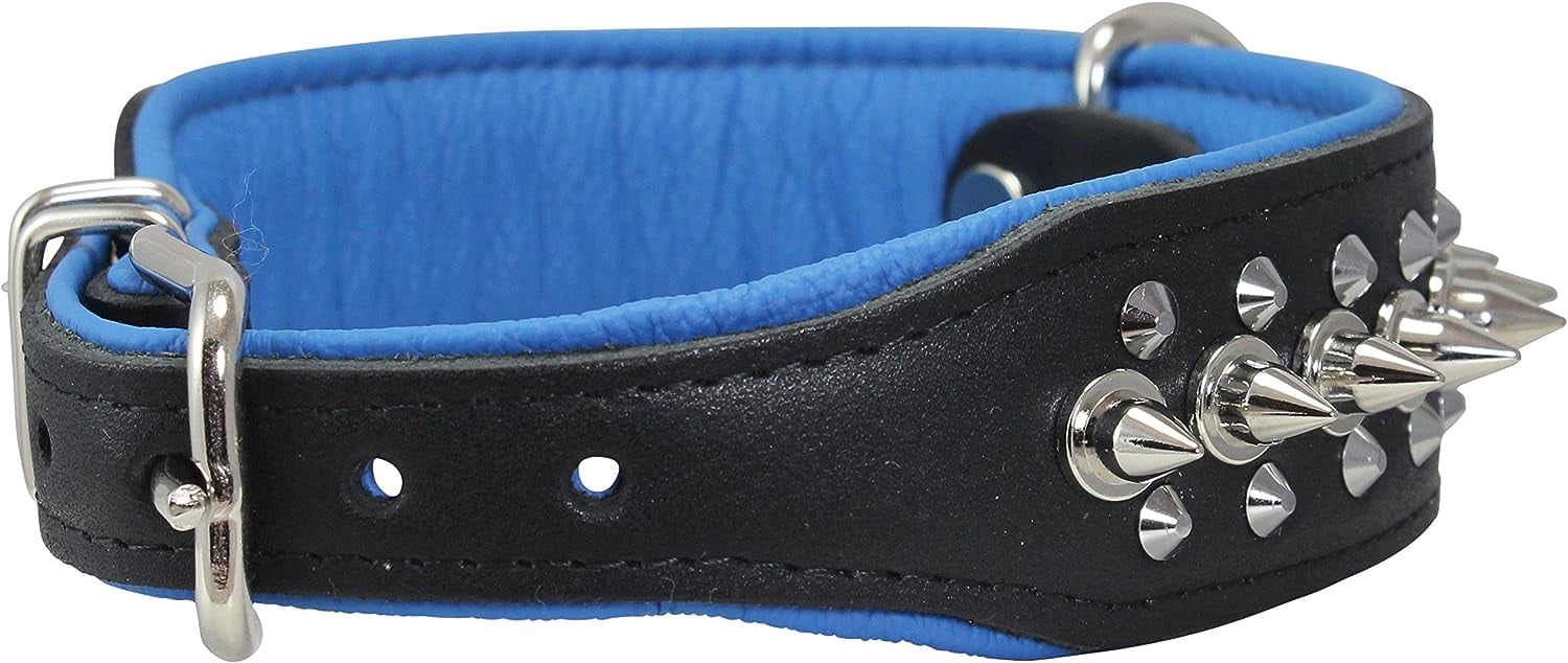 Dogs My love Spiked Studded Genuine Leather Dog Collar 1.75" Wide (14"-17" Neck; 1.75" Wide, Black/Blue)