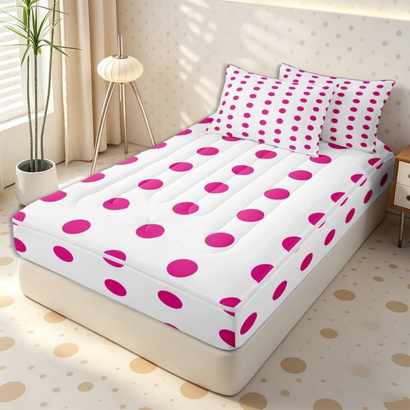 Erosebridal Bold Hot Pink Dot Grid Zipper Twin Comforter Sets with Fitted Sheet and 2 Pillowcases,Vibrant Magenta Circle Secondary Tile Zipper Bedding Set,Fuchsia White,4-Piece,Pink Reversible