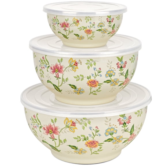 TINANA Enamel Mixing Bowls with Lids 3 Pack, Vintage Floral Nesting Bowls Set, 4.5/3/1 QT Enamelware Bowls for Salad, Food Prep, Serving and Storage
