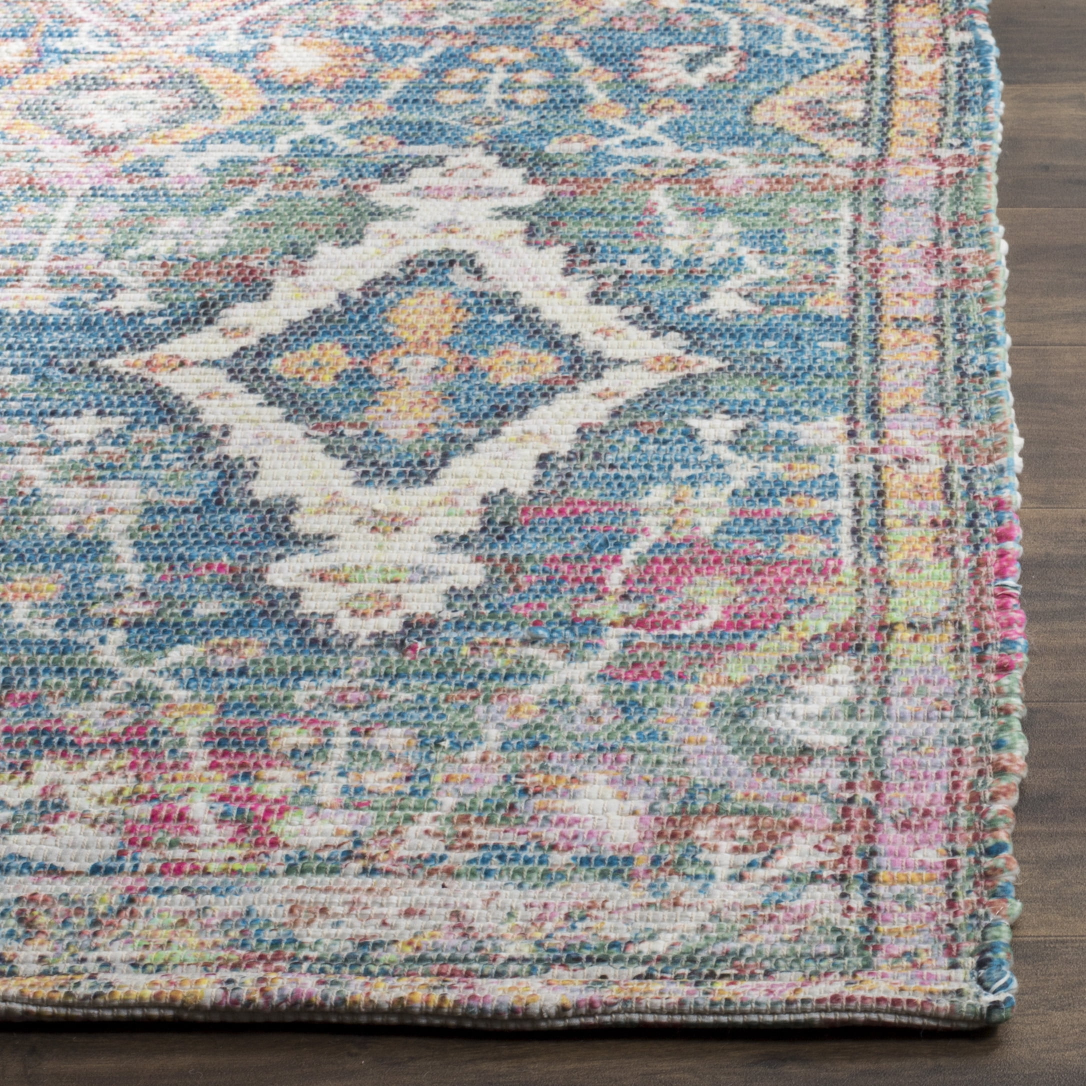 SAFAVIEH Saffron Justina Floral Cotton Runner Rug, Turquoise/Peach, 2'3" x 10'