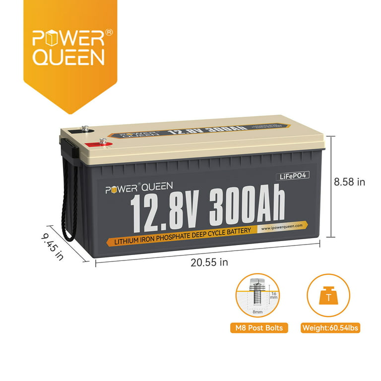 Power Queen Lithium Battery 12V 300Ah LiFePO4 3840Wh w/ BMS for Solar RV Camper