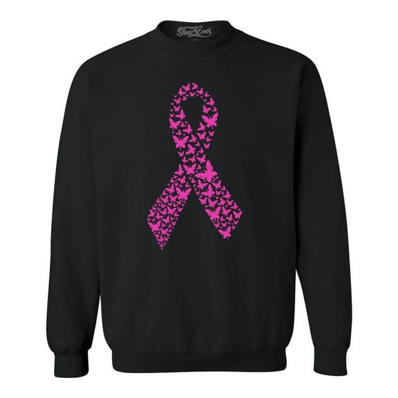 Shop4Ever Men's Pink Butterfly Ribbon Breast Cancer Awareness Crewneck Sweatshirt XX-Large Black