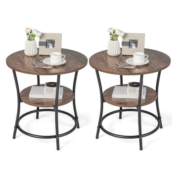 Round End Table Set of 2, 2-Tier Sofa Side Table with Storage Shelf & Metal Frame, Compact Tea Table Beside Couch or Bed, Multipurpose Snack Table for Living Room, Bedroom, Study, Brown
