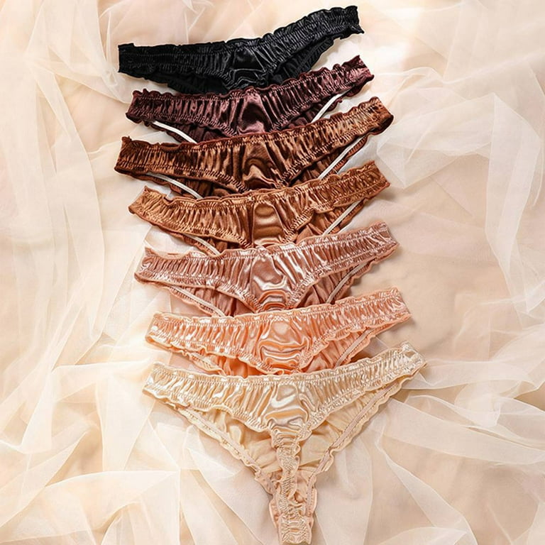 WBQ Women's Satin G-string Panties Ruffle Frilly Thongs Underwear Low-Waist  Silky Thong Ladies Underpants 7 Pack