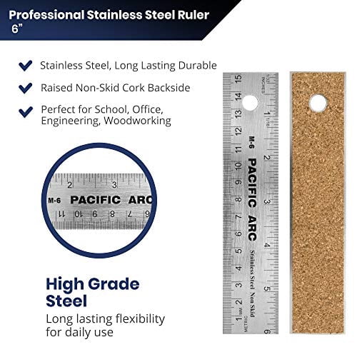 Pacific Arc Stainless Steel Ruler with Inch and Metric(mm), Non Skid Cork or Rubber Back