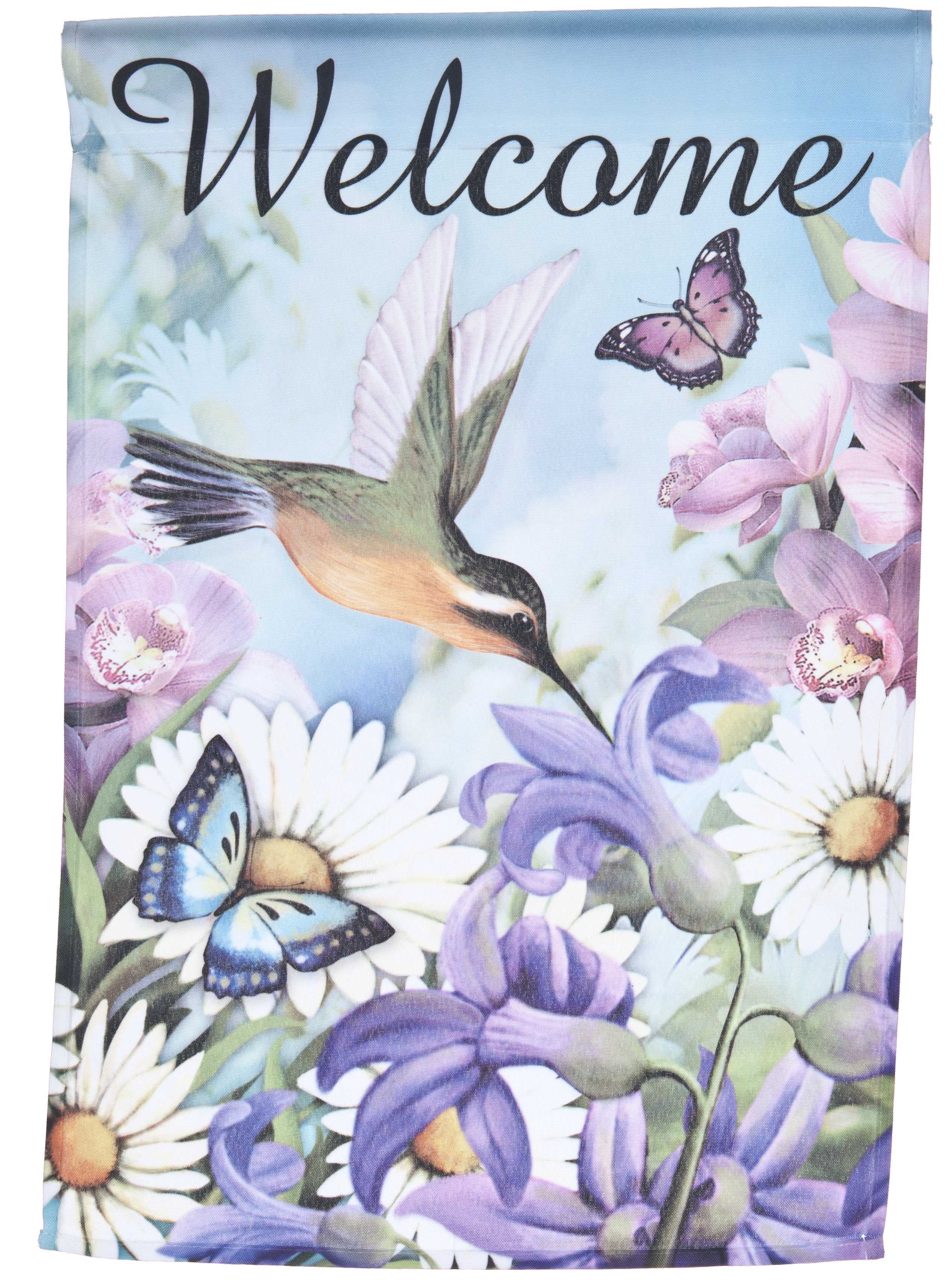 Welcome Lawn Flag w Hummingbird & Flowers by Garden Accents (12 x 18 Inch) by