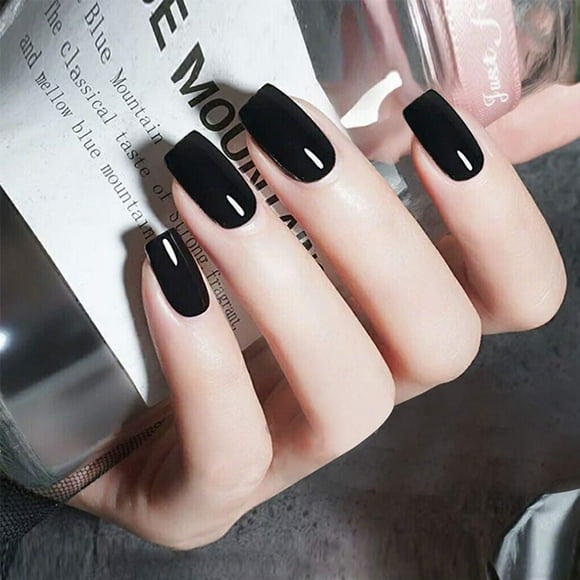 Black Press on False Nails Square Fake Nails Medium Glossy Acrylic Full Cover False Nails