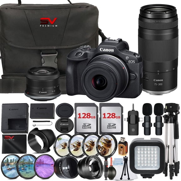 Canon EOS R100 Mirrorless Camera with RF-S 18-45mm   75-300mm Lens   2 Pack 128GB Memory Card   Case   Wide Angle   SV Premium Accessory Bundle (International Version)