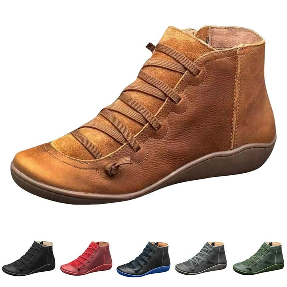 Dakaela Women's Vintage Ankle Boots 2025 Arch Support Short Booties No Heel Slip on Flat Shoes Black 5.5