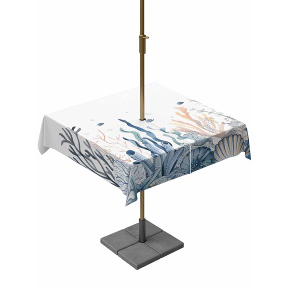 Outdoor Table Cloth with Umbrella Hole and Zipper, Summer Coastal Coral Waterproof Square Tablecloth 54"x54", Blue Ocean Conch Shell Blue Washable Table Cover for Outside Party Patio Picnic
