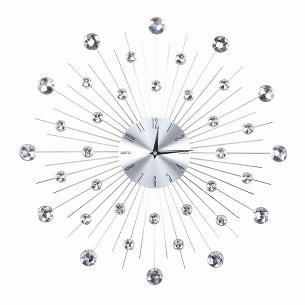 Reloj de pared plateado metálico brillante para sala de estar y oficina (diamantes de imitación plateados)