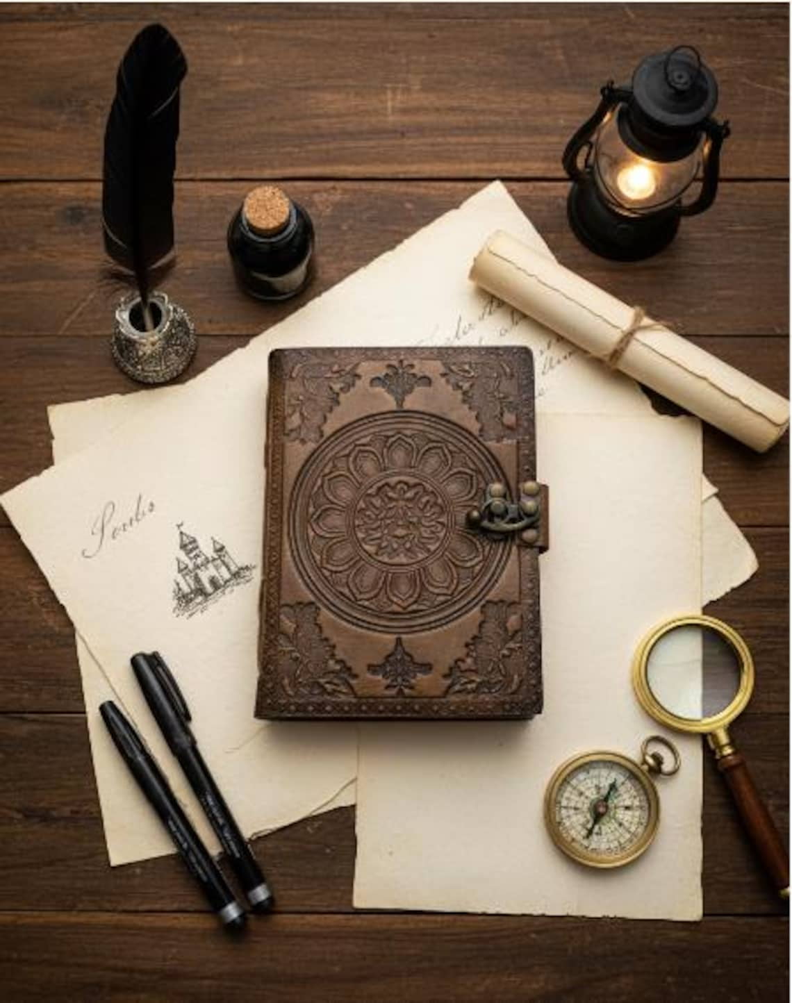Light Brown Leather Journal – Circular Mandala Medallion with Brass C-Hook Clasp, 7x5 Inch 240 Pages, Ideal for Writing or Personal Diary