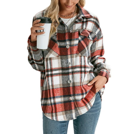 Womens Oversized Flannel Long Sleeve Plaid Shirt Blouse Tops Lapel Shacket Button Down Shirt Jacket | Walmart (US)