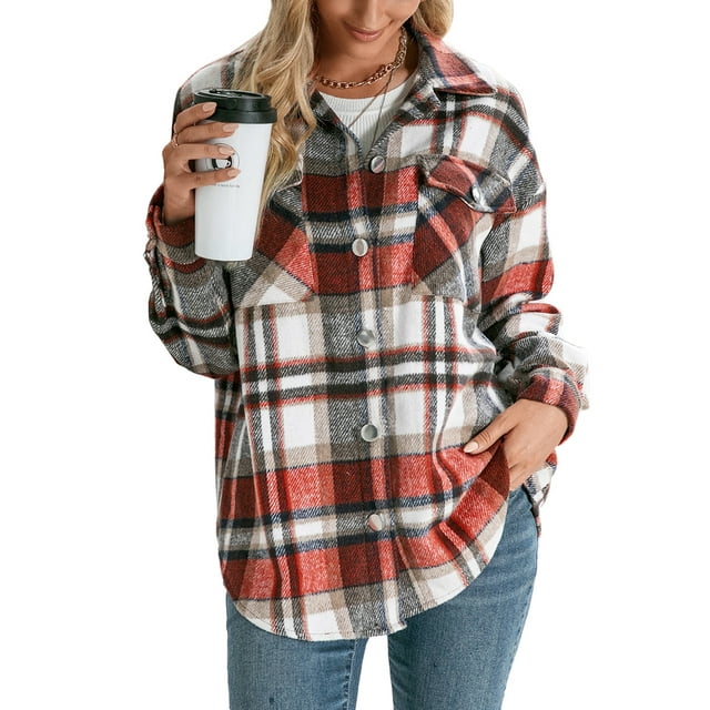 Women's Oversized Plaid Button Down Shirt Shacket Jacket Long Sleeve Casual Fall Outwear with Pockets