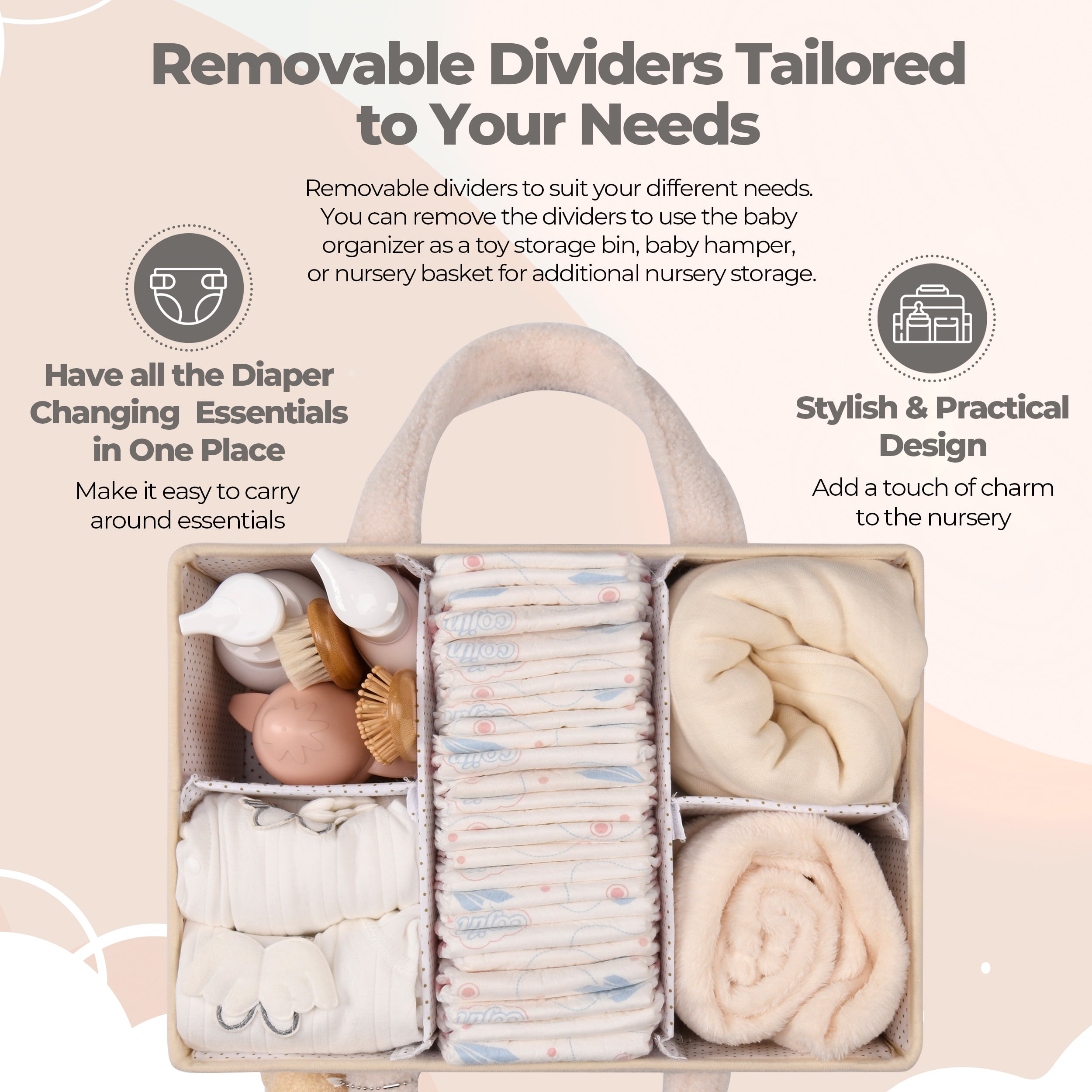 Plush Sherpa Baby Diaper Caddy Organizer, Portable Nursery Storage Basket with Teddy Bear Charm, Multi‑Compartment Changing Table Organizer for Newborn Essentials, Unisex Baby Shower Gift