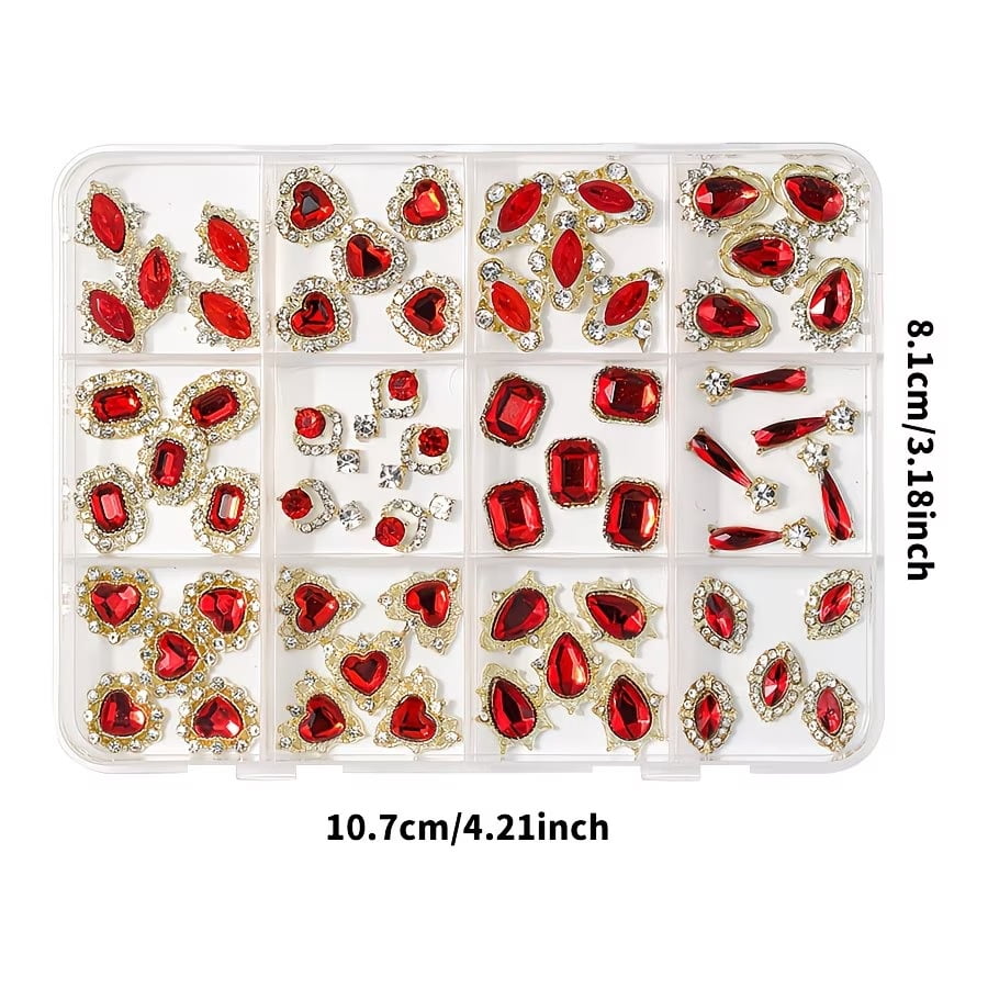 60 Pieces Red and Gold Heart Shape Nail Art Accessories, Luxury Alloy Three-Dimensional Rhinestone Patch, Women's DIY Nail Art Jewelry Accessories