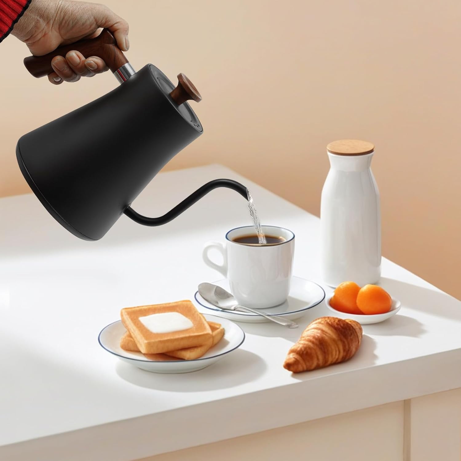 Electric Gooseneck Kettle for Coffee/Tea, 1200W 0.9 Liter Electric Kettles with Food Grade 304 Stainless Steel Inner, Quick Heating, Precise Temperature Control (Black)