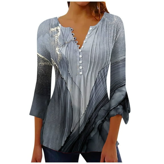 IROINNID Savings Fall Shirts for Women Long Sleeve V-Neck Casual 3/4 Sleeve Printed Tunic Tops Casual Basic Pleated Blouse,Gray