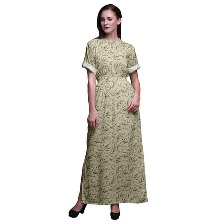 

Bimba Rayon Curry Leaves Printed Womenâ€™s Long MaxiÂ DressÂ Gown With Side Slit-XX-Large