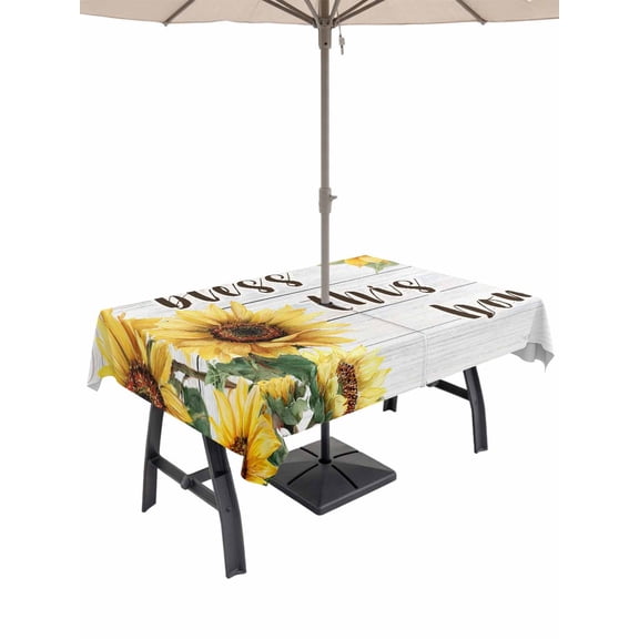Outdoor Tablecloth with Umbrella Hole for Patio/Picnic/Party/Camping, Yellow Sunflowers Waterproof Table Cloth Rectangle Table Cover Washable, Farmhouse Spring Botanical Floral Wooden (60"x 102")