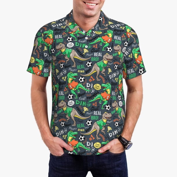 Fotbe Dinosaur Plays Soccer Camiseta Polo de Golf para Hombre con Estampado – Camisa Deportiva Transpirable con Cuello Abotonado-Large