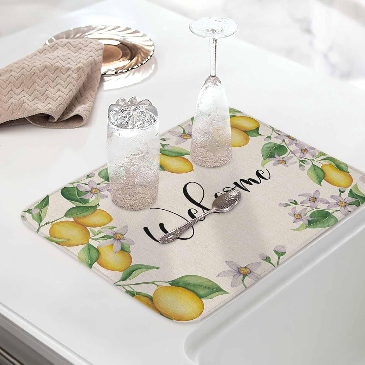 Summer Lemon Dish Drying Mat for Kitchen Counter, Yellow Green Botanical Rustic Welcome Baby Bottle Microfiber Drying Pad, Absorbent Coffee Cup Dishes Drainer Mats 18"x24", 2 Pcs