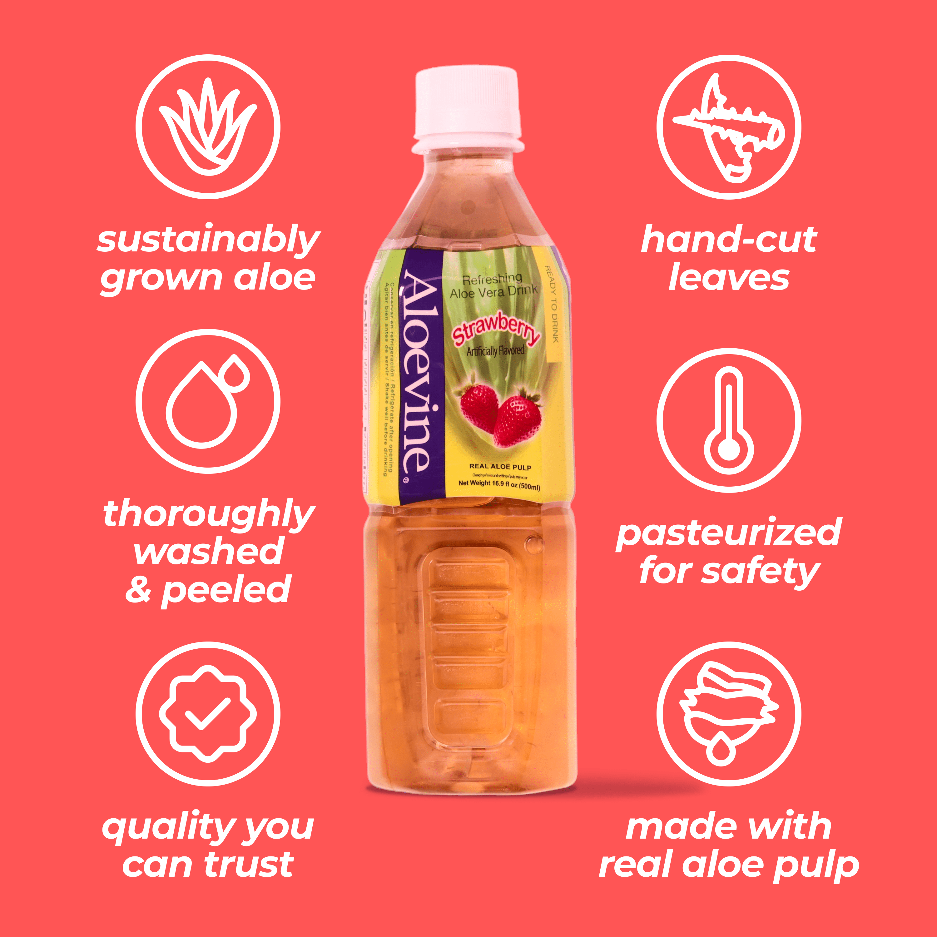 Aloevine Strawberry Aloe Vera Drink with Aloe Pulp, 16.9 fl oz, 20 Count  Bottles
