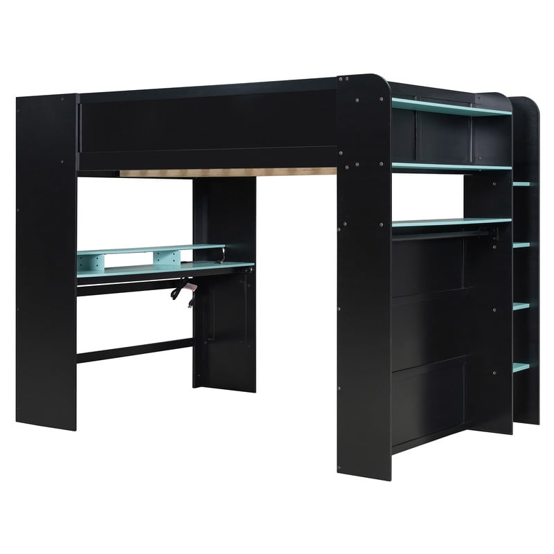 Full Size Wood Loft Bed with Desk, Wardrobe and Storage, Height Adjustable Gaming Loft Bed with USB Charging Port, RGB LED Light Strip, PC Tower Space and Shelves for Bedroom