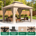 thumbnail image 3 of Clouddwell 10'x12' Patio Gazebo Double Roof Protection All-Weather Outdoor Shelter Features Insect Screens & Privacy Curtains Ideal for Backyard, Lawn, (Beige), 3 of 9